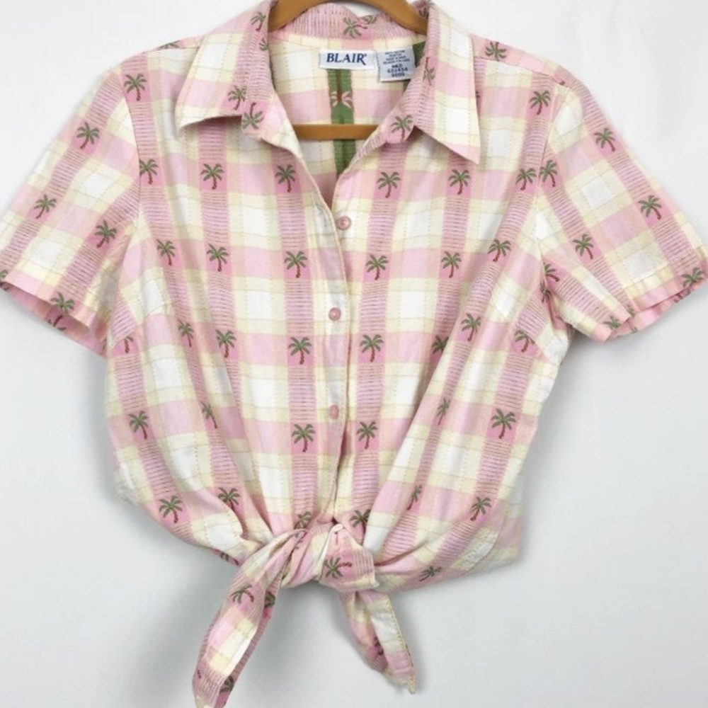 Vintage Checkerboard Palm Tree Embroidered Button Down